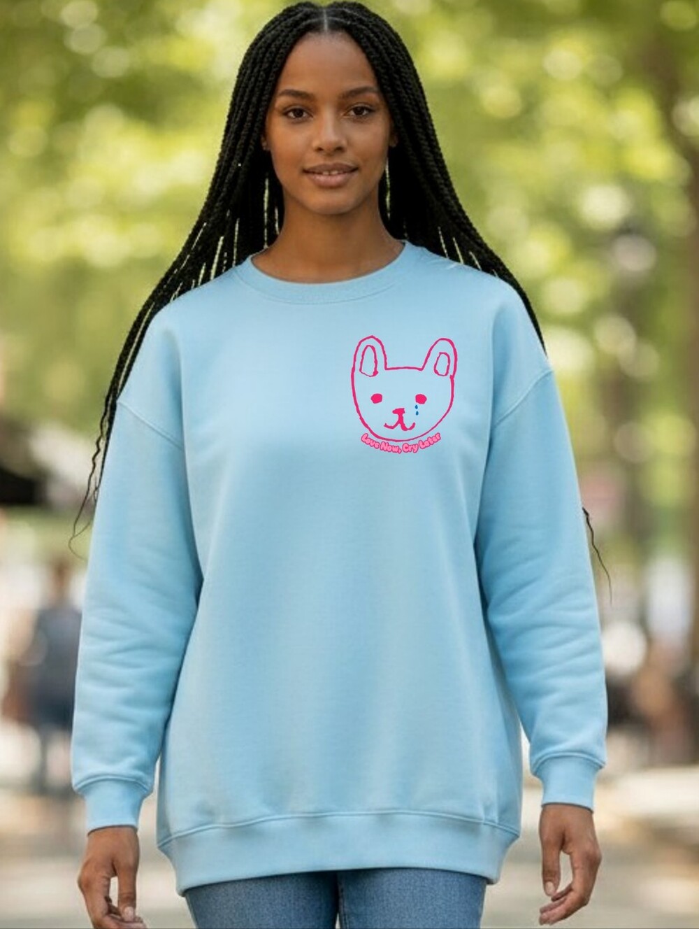 Oversized Soft Blue Crewneck Sweater With Bear Detail